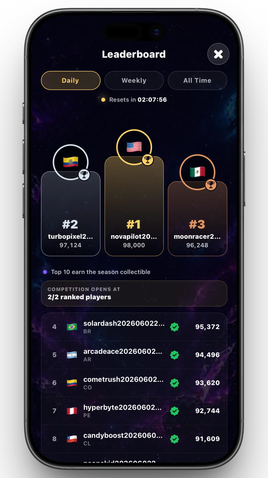 Swipe2Play leaderboard interface